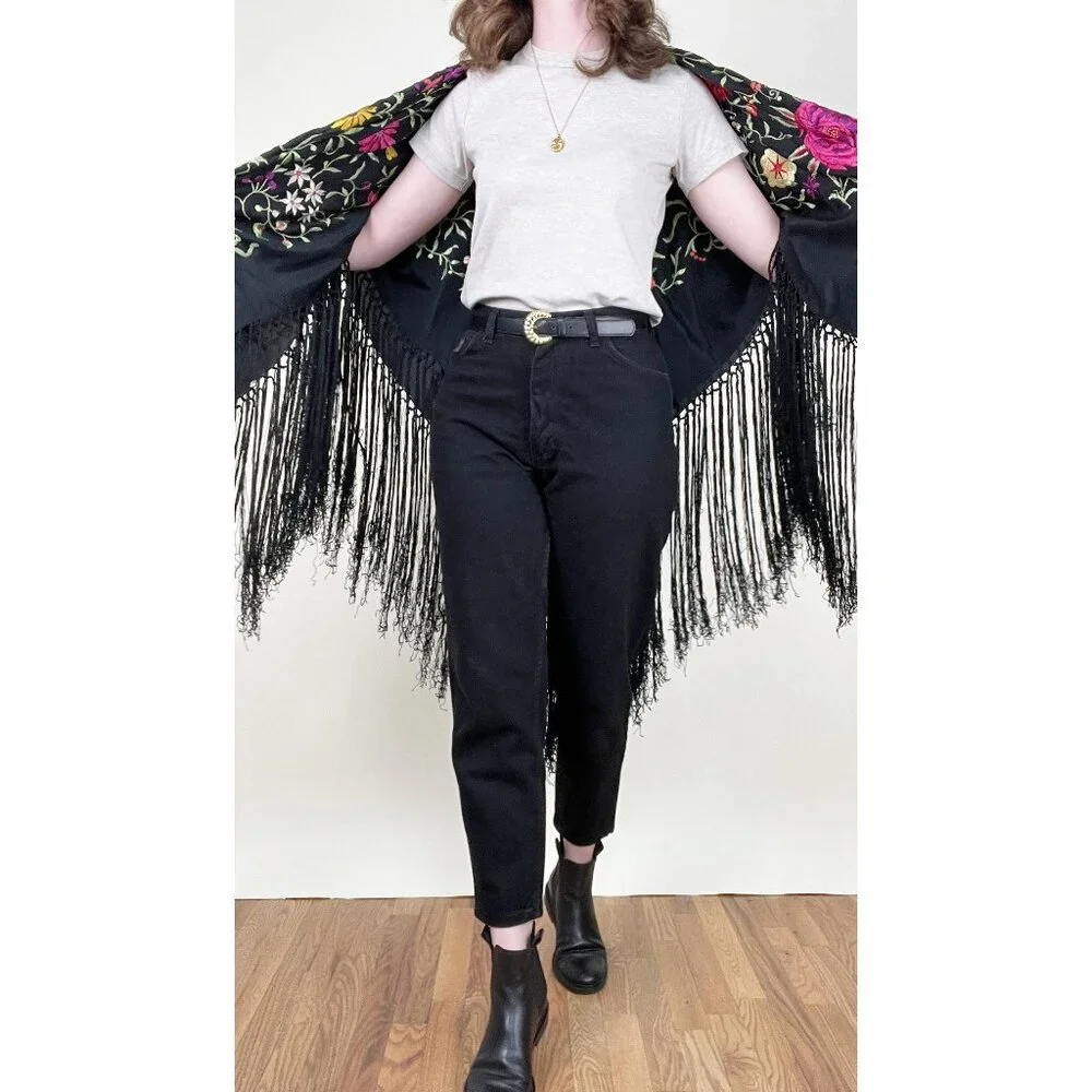 Vintage Piano Shawl Embroidered Floral Silk Fringe Witchy Boho Bohemian Manila - Picture 11 of 14